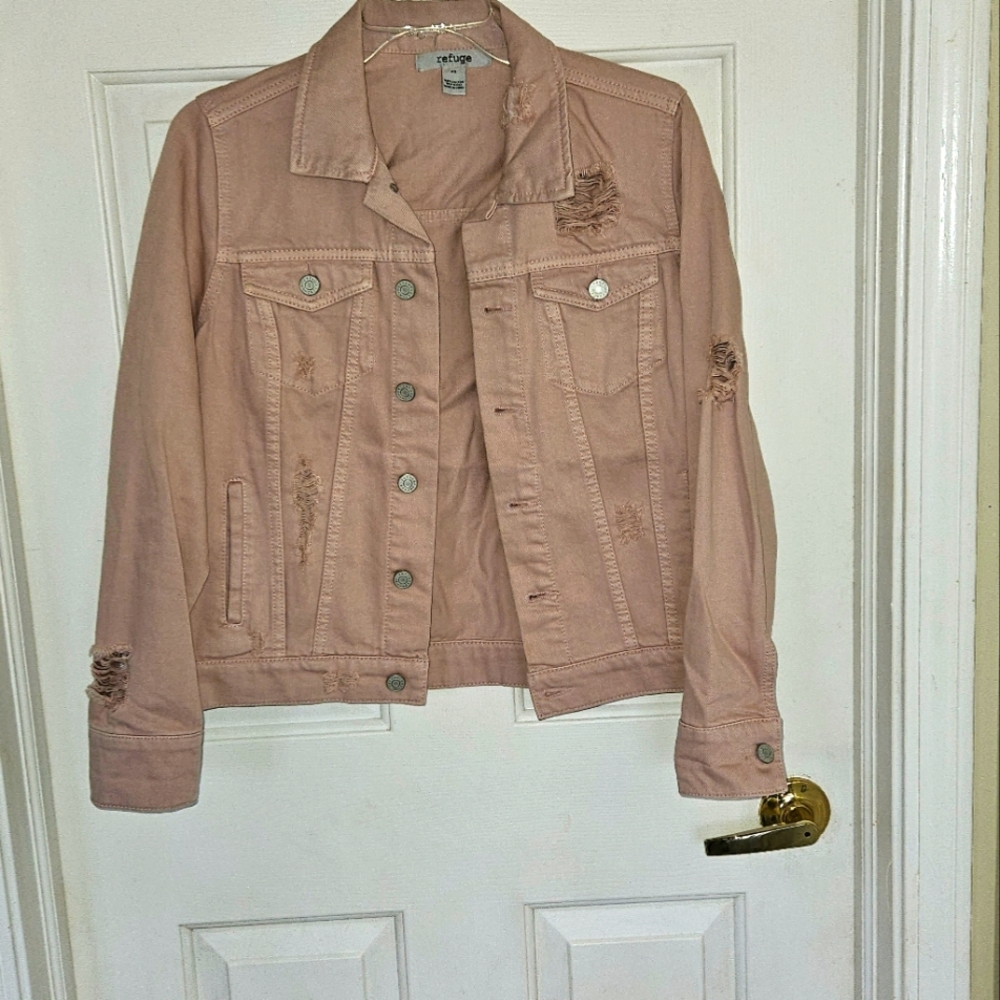 Blush pink ripped denim jacket
